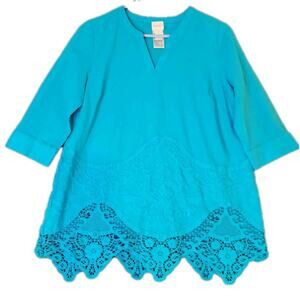 Chico’s Women's Tunic‎ Top Sz 0P Blue 3/4 Sleeve V-Neck 100% Cotton Blouse Lace
